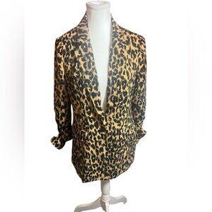 Leopard Print Womens blazer lightweight rusched sleeves one button front SM